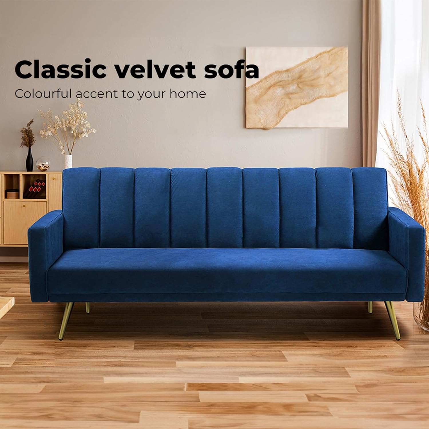 LEVEDE 3 Seater Sofa Bed Convertible, Velvet Loveseat Sofa Couch, Recliner Sofa Lounge with 3 Adjustable Backrest Positions, Spare Bed for Guest, Load up to 220Kg (197Cm, Blue)