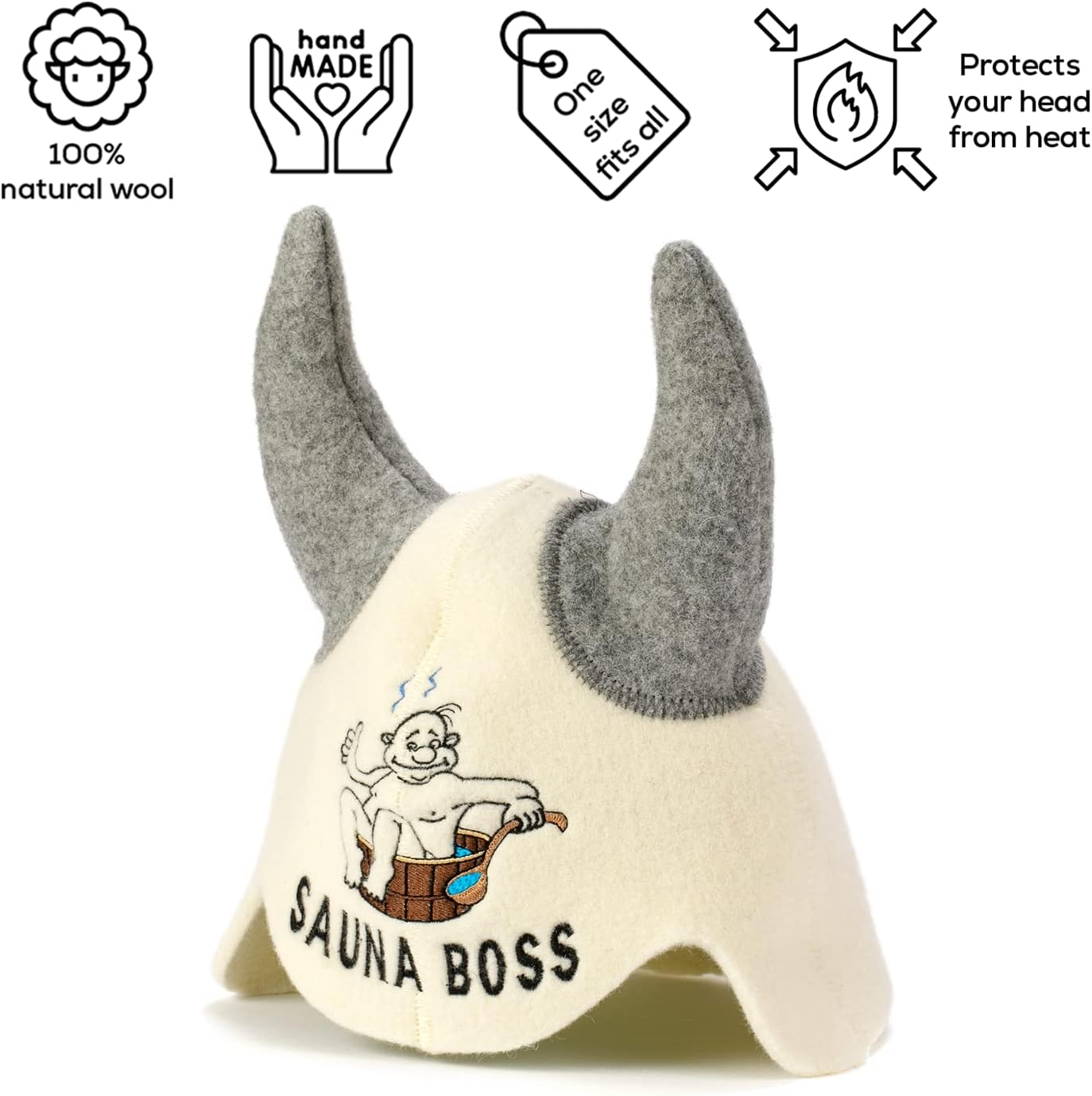 SAUNA GURU Sauna Boss Horns Hat, 100% Organic Wool Felt Sauna Cap, Banya Hat Sauna Hair Protector, Sauna Accessories Embroidered Hat, Sauna Accessory, Sauna Gifts for Men and Women, Russian Sauna Hat image number 4