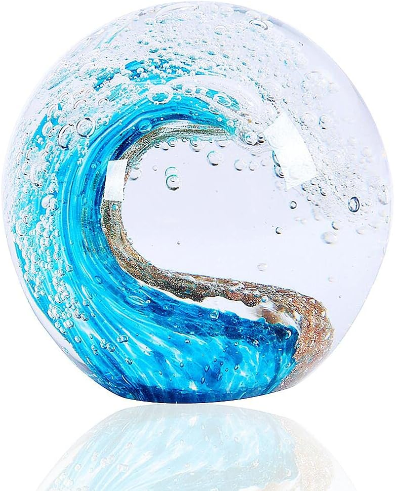 EUSTUMA Hand Blown Glass Figurines Ball Ocean Waves,Office Paperweight Glass for Desk,Home Decor Collectible,Aquarium Decor,Office Decor Ocean Lovers (Waves)