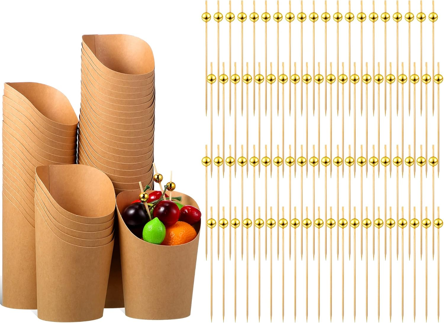 50 Pcs 14 Oz Disposable French Fries Cups Charcuterie Waffle Paper Popcorn Kraft Paper Boxes and 100 Pcs 4.7 Inch Wooden Cocktail Toothpicks Appetizers Fruits Dessert Sticks image number 1