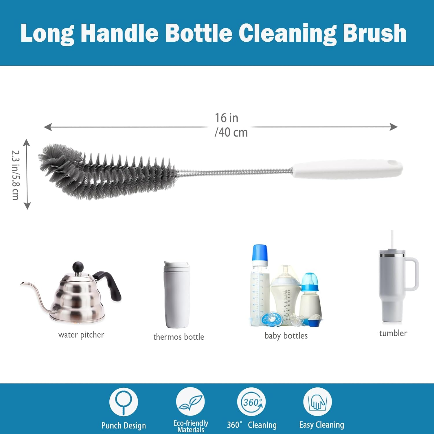 15.7" Flexible Long Black Bottle Cleaning Brush for Kitchen and Dining - Perfect for Baby Bottles, Sports Bottles, Glassware, Mugs, Jars, and Stemware (1-Pc) image number 5