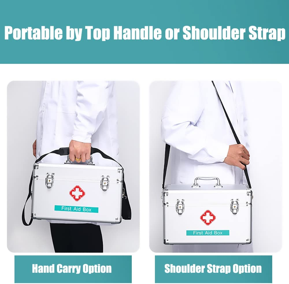 FOREVERIE Premium 14 Inches Empty First Aid Box with an Internal 3 Grid Tray and Shoulder Strap, Aluminum Alloy Framed, Portable Home & Work Medicine Box for Medical and Health Industry Workers image number 2