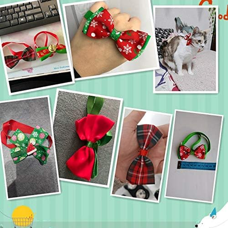 Christmas Pet Bow Tie, Xmas Cat Dog Collar Adjustable Neck Strap for 20-36 Cm Cats Kitty Puppy (Cherry & Snowflake)