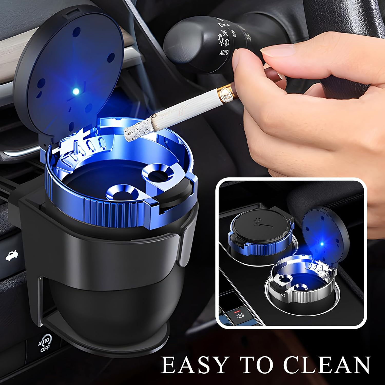 Car Ashtray with Lid, Detachable Stainless Steel Ash Tray with LED Blue Light, Portable Mini Vehicle Cup Holder Trash Can Smell Proof Ashtray Cup, Universal Car Accessories (Blue) - Purple image number 4