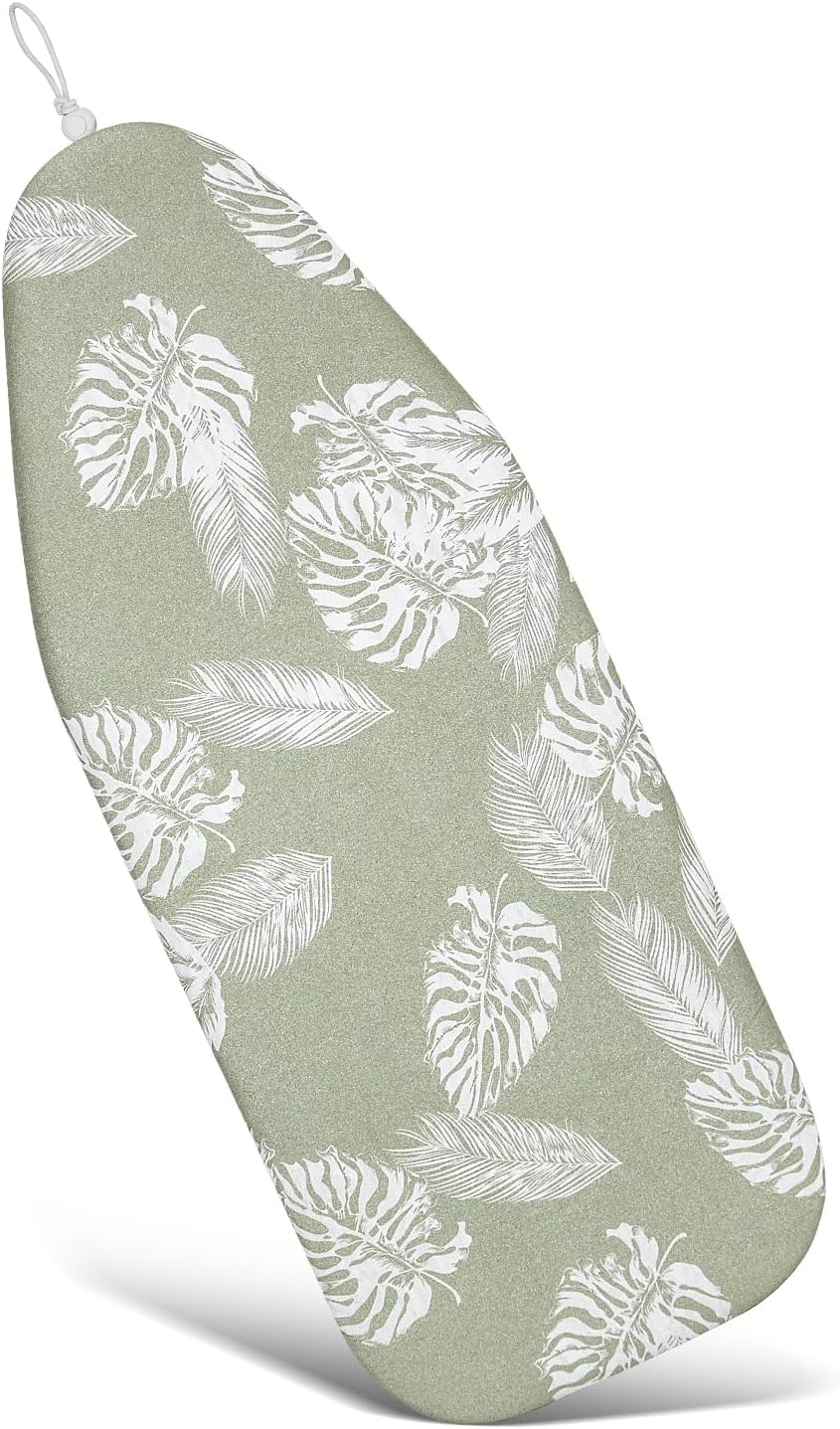 Duwee Ironing Board Cover 12X32 Inches - Heat-Resistant, Thick 8Mm Felt Padding, 100% Cotton Fabric with Elastic Edge for Non-Slip Fit - Durable, Fade-Proof（White Leaves）