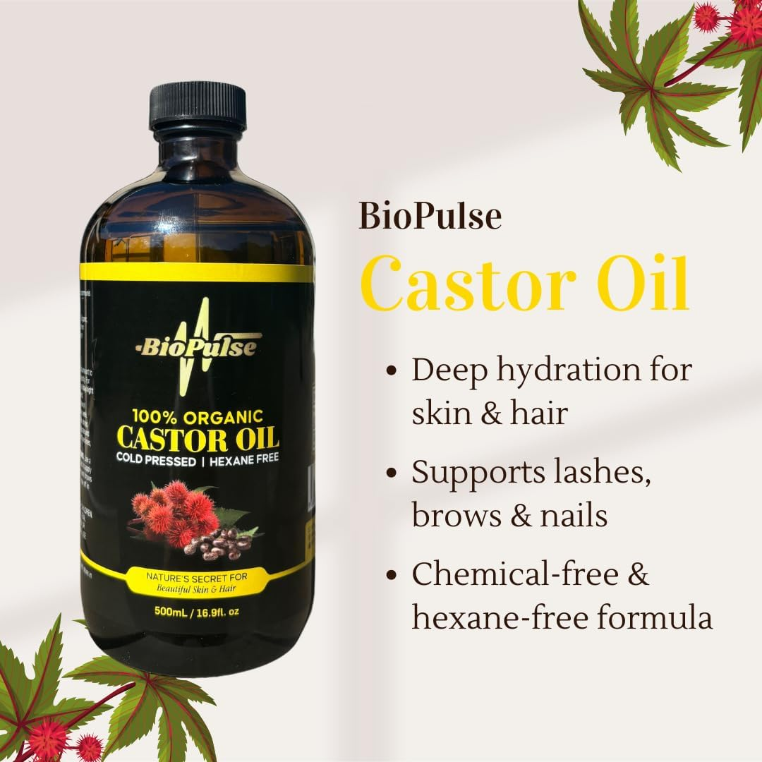 Biopulse Organic Castor Oil, 100% Pure Cold-Pressed, Hexane-Free - Stimulate Hair Growth & Hydrate Skin, Nourish Eyelashes, Brows & Nails with Natural Moisturising Oil (500Ml Glass Bottle) image number 5