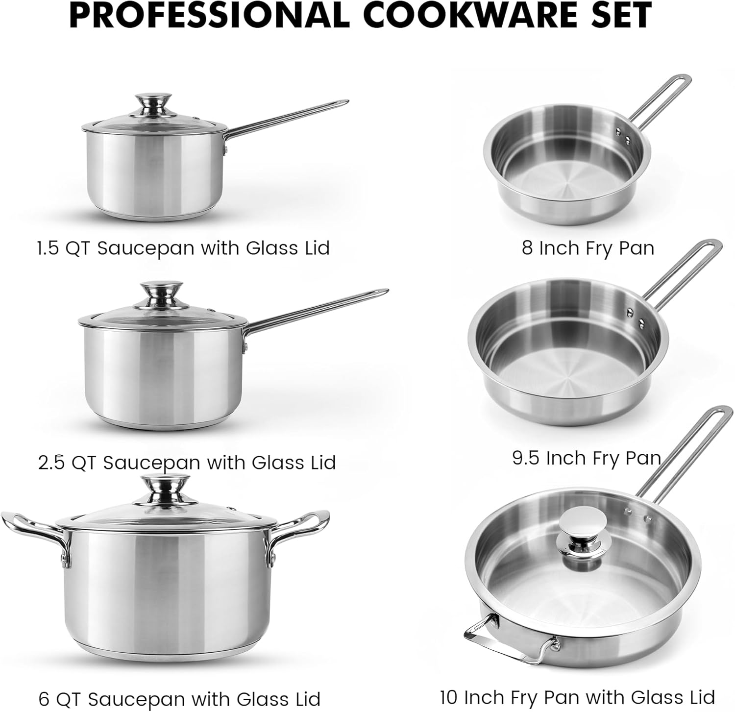 ASKSCICI 10-Piece Stainless Steel Cookware Set: Premium Kitchen Pots and Pans Set with Ergonomic Handles, Induction Compatible - Includes Saucepans, Skillets, Dutch Oven, Stockpot, Steamer, and More image number 6
