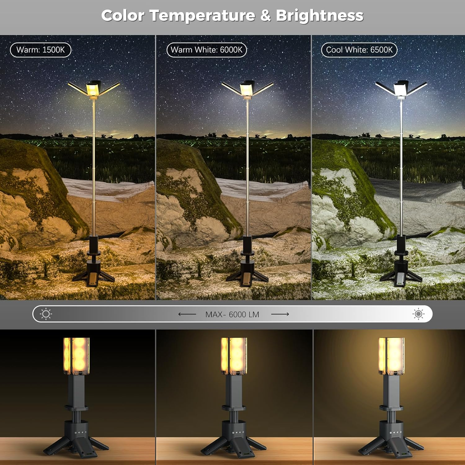 Clemas Telescopic Camping Lights Rechargeable 14000 Mah Led Multifunction Magnetic Lanterns Job Site Lighting Cordless Dimmable Camping Tent Lamp Portable Power Supply 6000LM IPX5 Waterproof image number 4