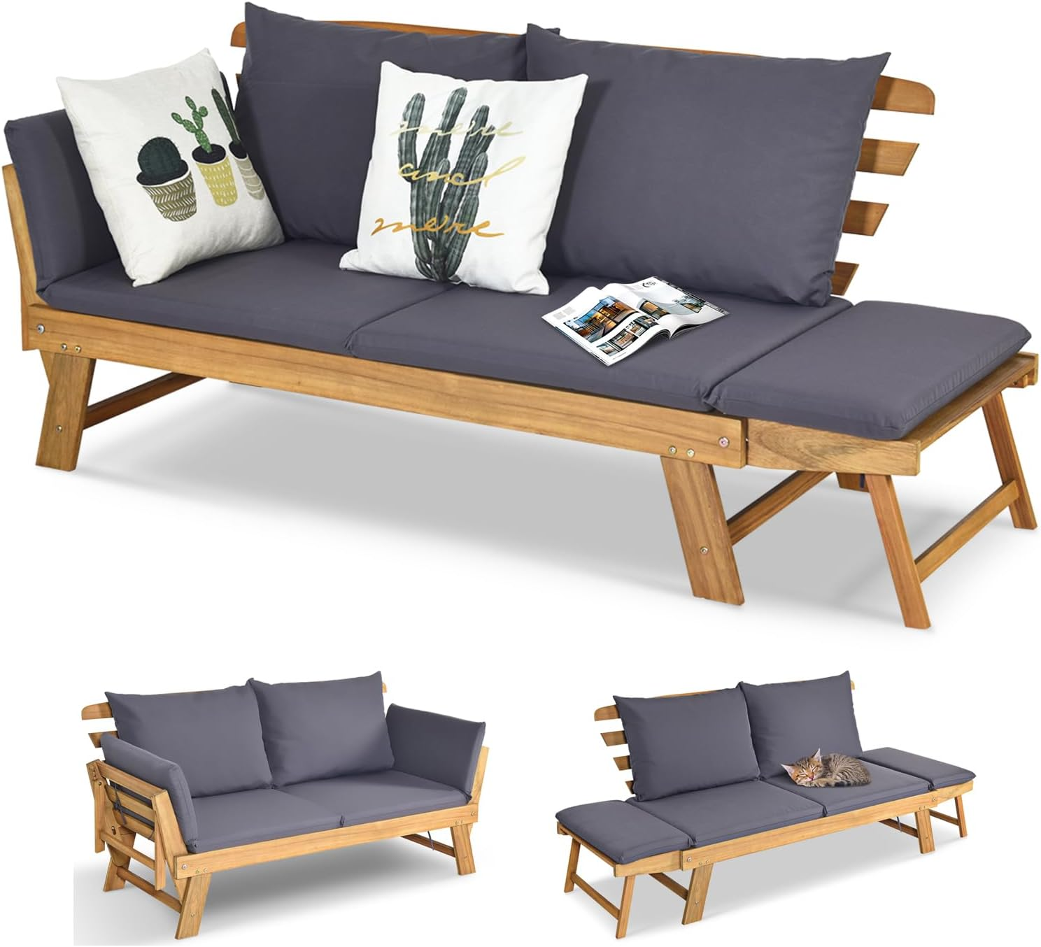 Costway Patio Convertible Acacia Wood Daybed, Couch Sofa Bed W/Adjustable Armrest, Collapsible Chaise Lounge W/Cushions & Pillows, Patio Loveseat for Garden, Poolside, Courtyard (Grey) image number 5
