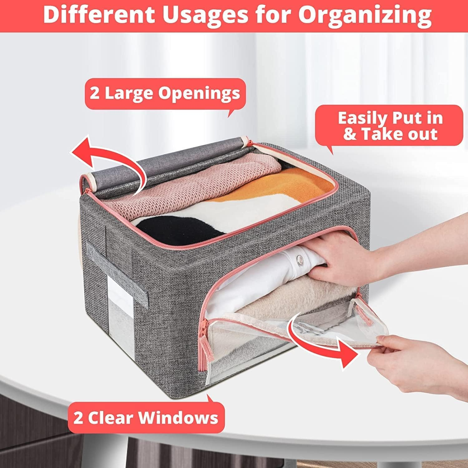 Clothes Storage Bins Box - 2 Pack 22L Cotton and Linen Foldable Stackable Container Organizer Set with Clear Window & Carry Handles & Metal Frame - Large Capacity for Bedding, Blankets, Toys, Books image number 5