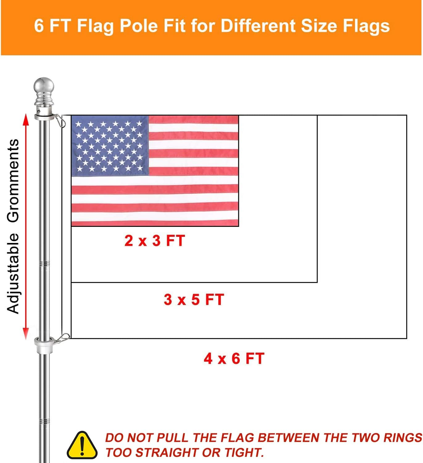 Evertoco 6FT Stainless Steel Flag Pole, Tangle Free Flag Poles for 3X5 Flags, Outdoor Flag Pole for House Yard Garden, 1Inch Diameter Flagpole with Bearing Aluminum Alloy Rings Rust Free image number 1