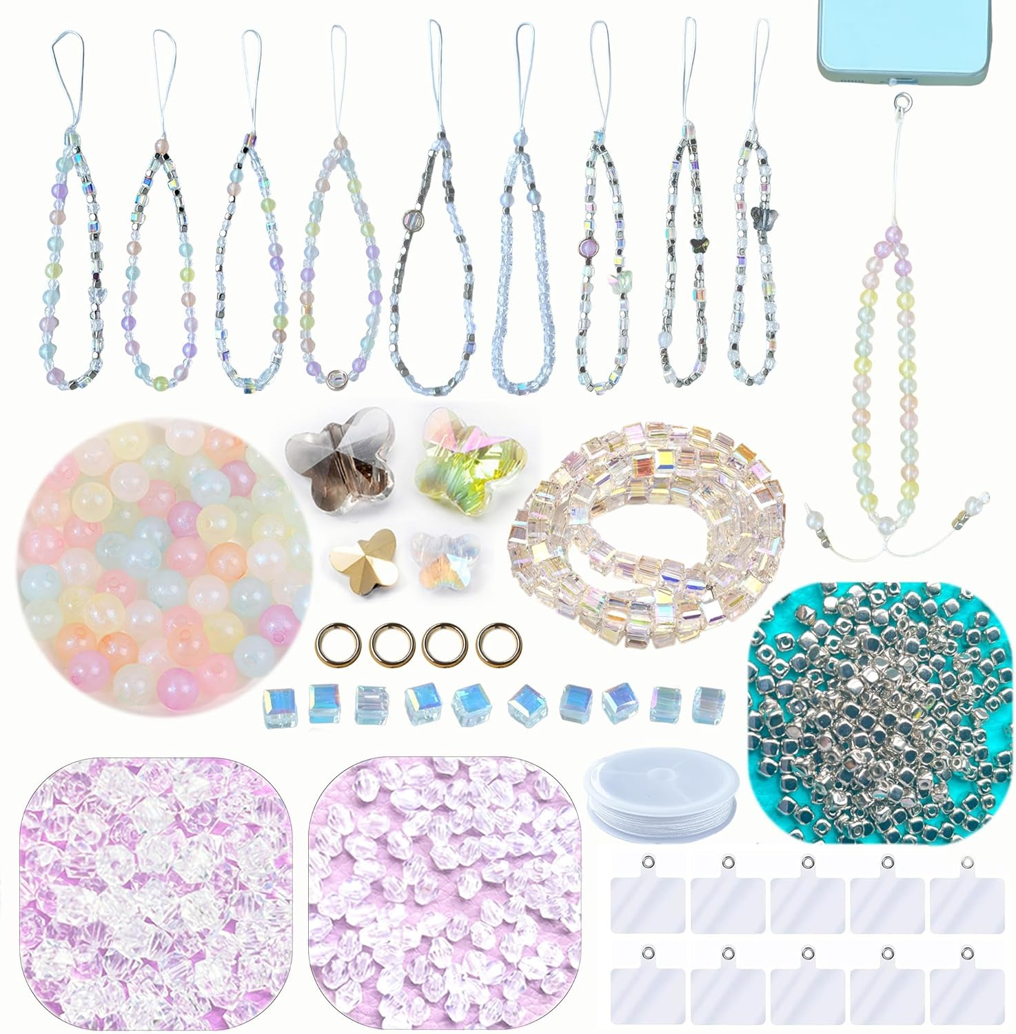 Beaded Mobile Phone Chains Charm Making Kit, Can Make 10 Pcs Cell Phone Wrist Straps, Assorted Crystal Diamond/Butterfliy/Metal/Round Beads for Girls DIY Handmade Gifts (C)