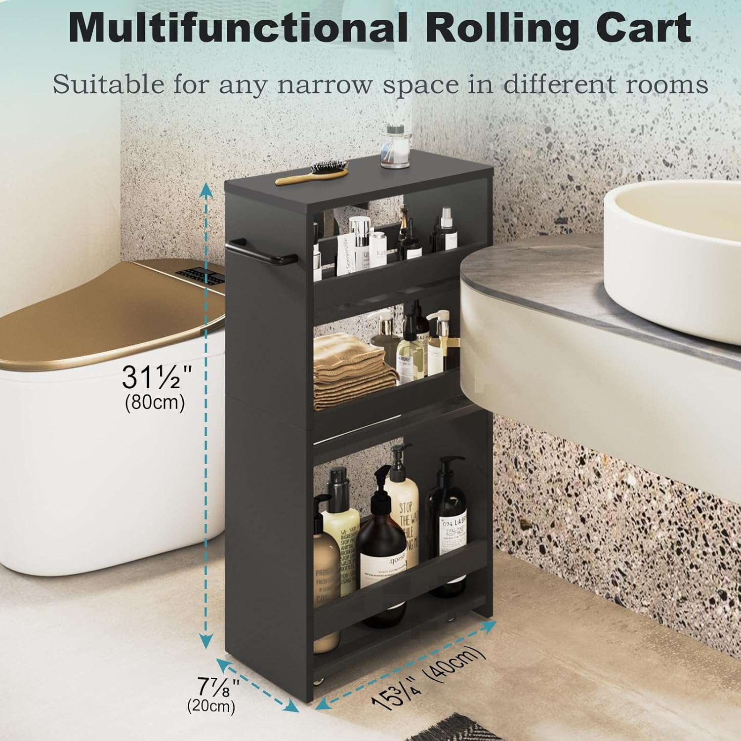 MARTY Rolling Storage Cart 7.9" W, 4-Tier Kitchen Cart with Wheels Handle, Slim Storage Cart Mobile Shelving Utility Carts for Bathroom Laundry Room Organization Narrow Places (All Black) image number 1