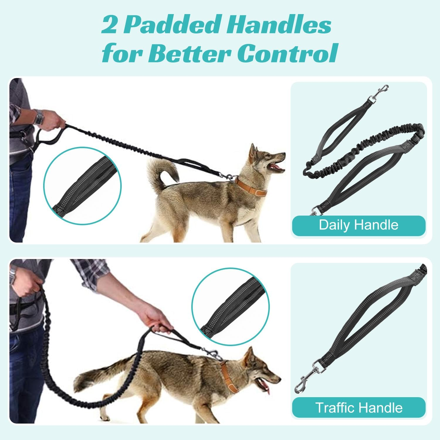 Hands Free Dog Running Leash with Zipper Pouch, Adjustable Waist Belt for Medium/Large Dogs, Dual-Handle Reflective Bungee, Secure Design for Running, Walking, Hiking, Black image number 2
