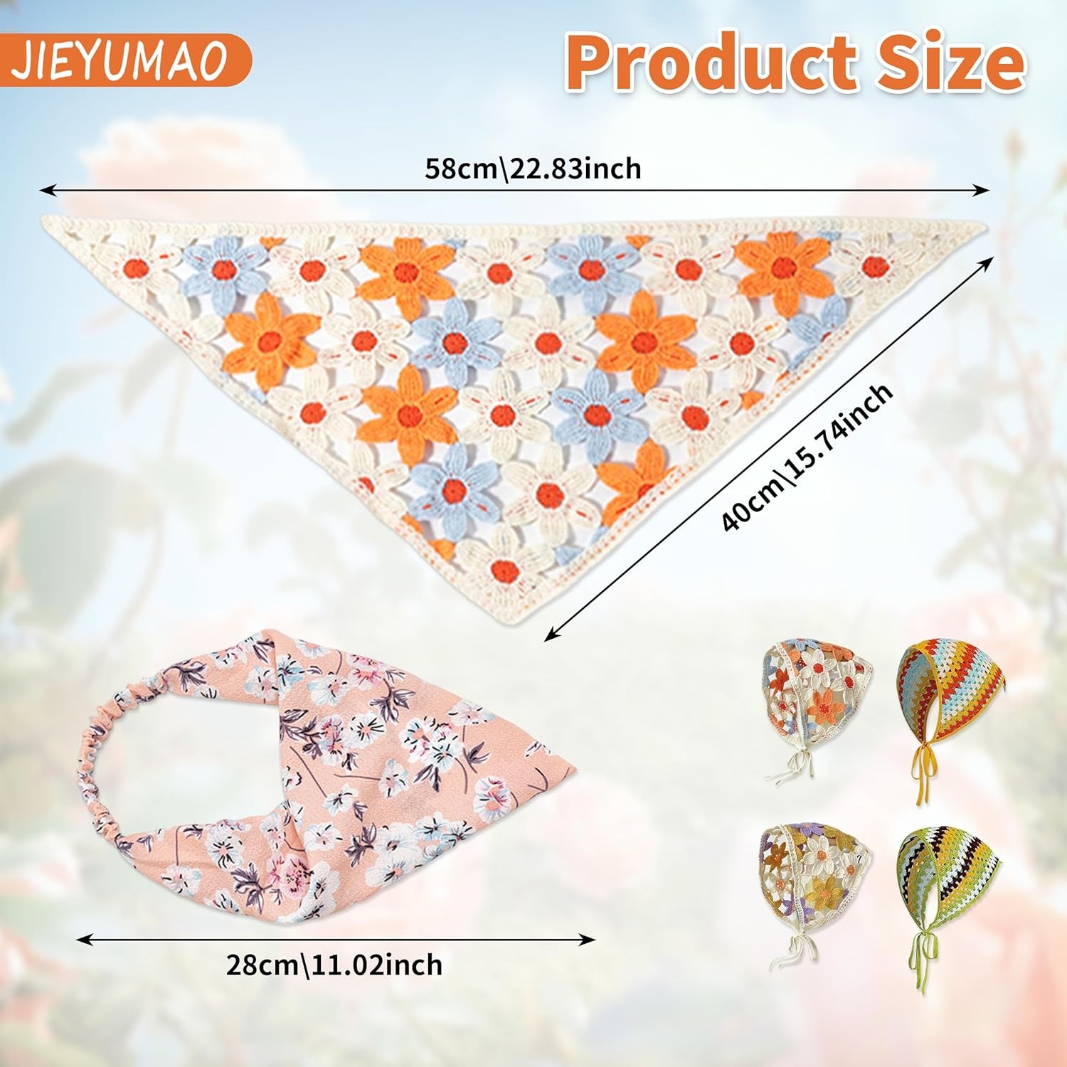 JIEYUMAO 4 Pcs Crochet Hair Bandana, 4 Styles Crochet Bandanas Headbands for Women, Fashion Knitted Headscarf Boho Head Kerchief Knitted Hair Scarf Floral Hairs Bandanas for Wedding Party image number 1