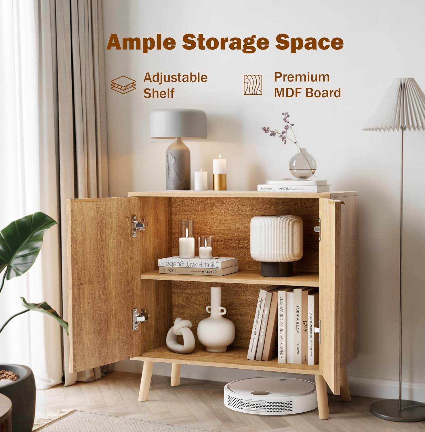 Patiopia Fluted Storage Cabinet, Buffet Cabinet with Storage, Sideboard Buffet, Multifunctional Credenza, Wood Sideboard with Adjustable Shelves, Natural image number 2