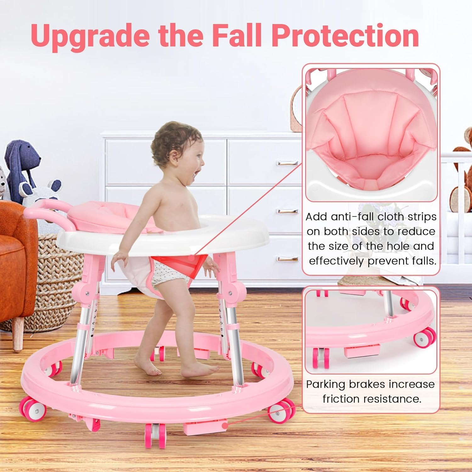 Baby Walker with Wheels Foldable, Portable Baby Walker with 9 Adjustable Heights, Infant Toddler Walker for Baby Boy Girls 6-18 Months (Pink) - Black image number 2