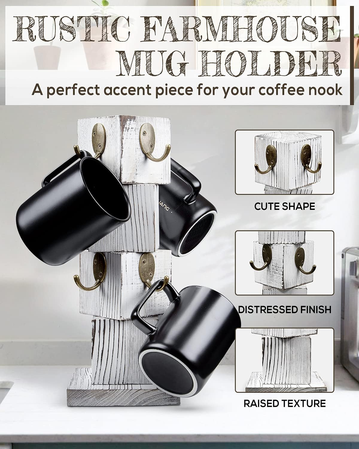 PUERSI Coffee Mug Holder for Counter, Rustic Solid Wood Mug Tree, Farmhouse Wooden Coffee Cup Rack, Distressed Mug Stand with 8 Hooks (Farmhouse White) image number 6