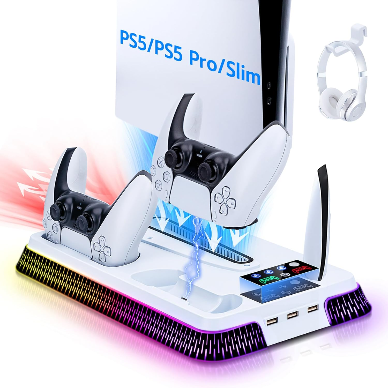 Mcbazel Cooling Charging Dock for PS5 Slim/Pro, Multifunctional Vertical Stand with RGB Cooling Fan,Dual Controller Charger,Headphone Holder,3-Speed Adjustable Fans for PS5 Console image number 4