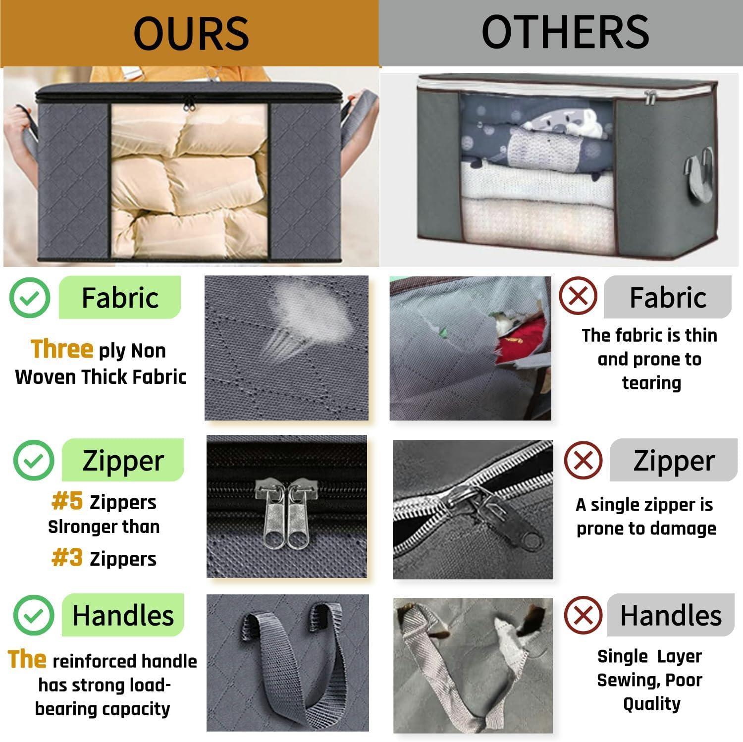 Evangrinzia 6 Pack Clothes Storage Bag, Foldable Storage Bin Closet Organizer with Durable Handle, Sturdy Fabric Blanket Storage with Clear Window, Storage Containers for Clothing, Bedding, Gray（35L） image number 4