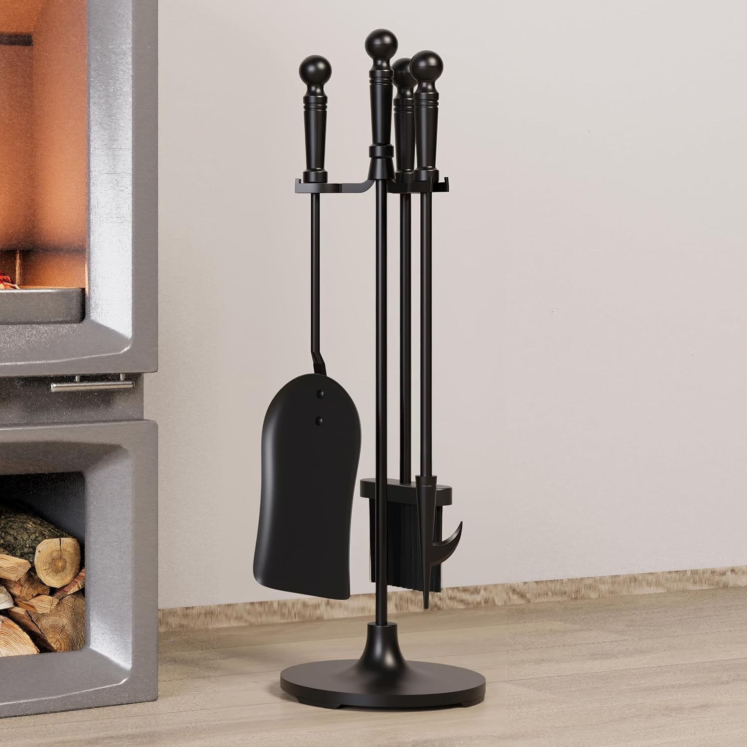 Kingson 4 Piece Cast Iron Fireplace Tool Set Including Brush, Shovel, Poker, Stand, Diameter 16.5 X 53 Cm, Fireplace Companion Set image number 4