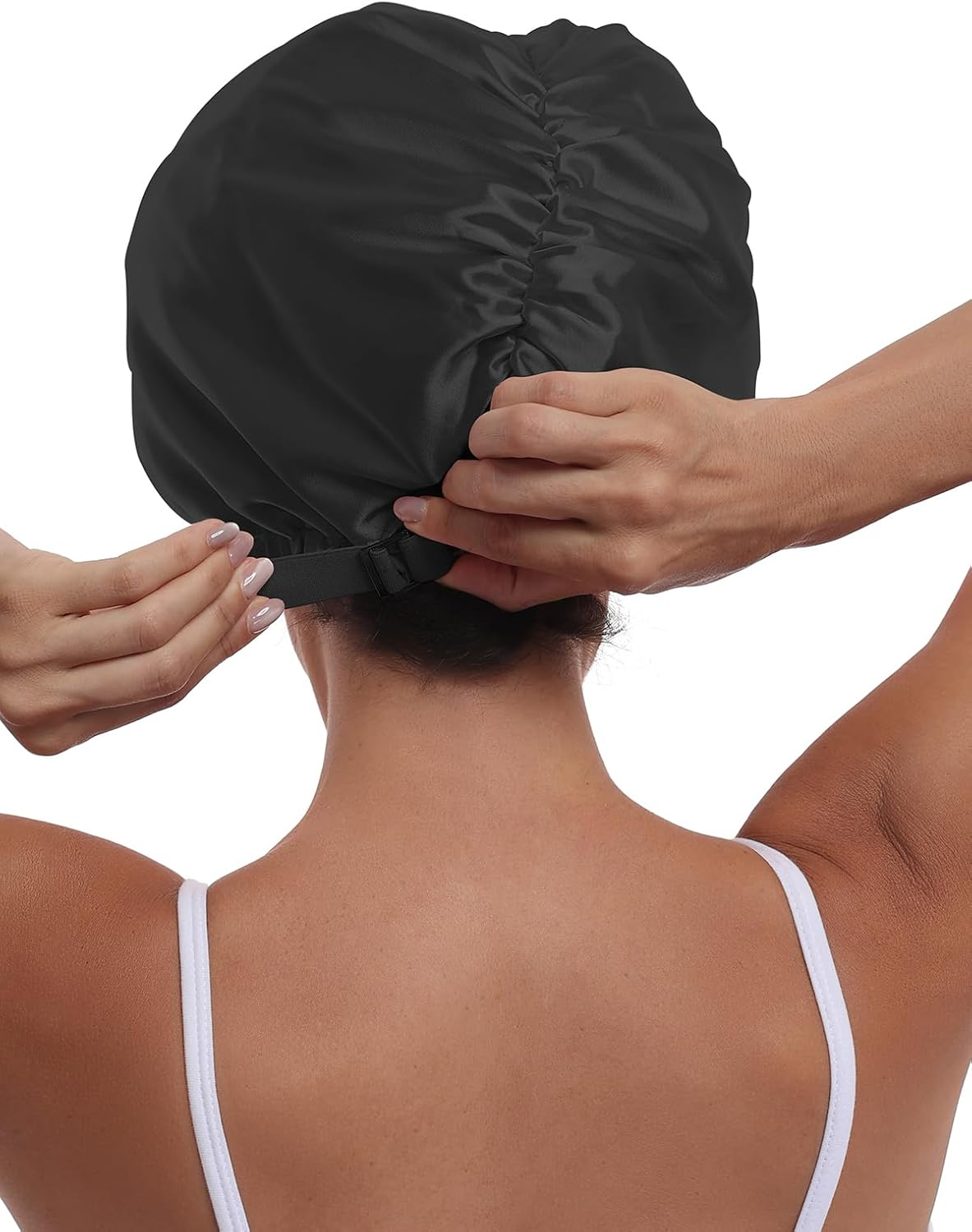 Vettres Double Layer Satin Bonnet with Eye Mask Adjustable Silk Sleep Cap Turban Style Hair Wrap for Curly Hair Black - Pink Strawberry image number 4