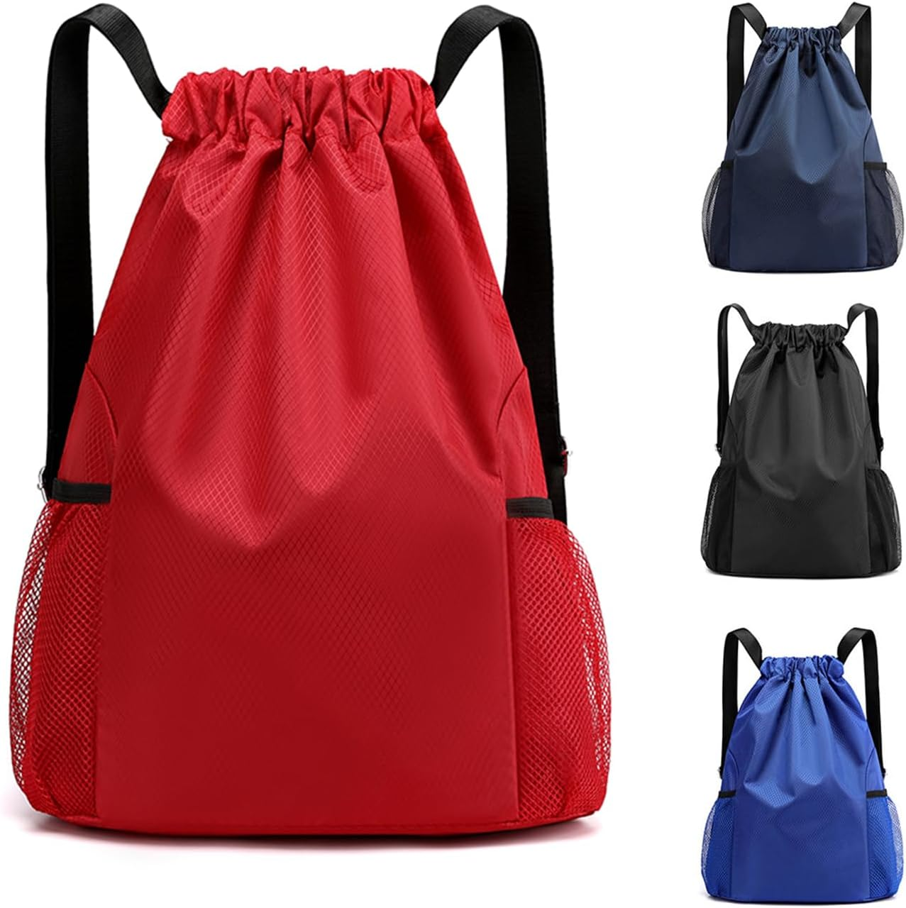 Drawstring Backpack, Water Resistant Lightweight Drawstring Bag with Inner Pocket, Side Mesh Pockets, for Women Men Sports Basketball Travel Camping
