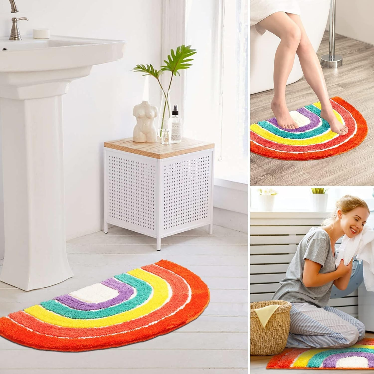 Multicolour Half round Bathroom Mat Rainbow Microfiber Non-Slip Absorbent Bath Shower Rugs for Living Room Bedroom Kitchen Home Decor 45 X 65 Cm image number 1