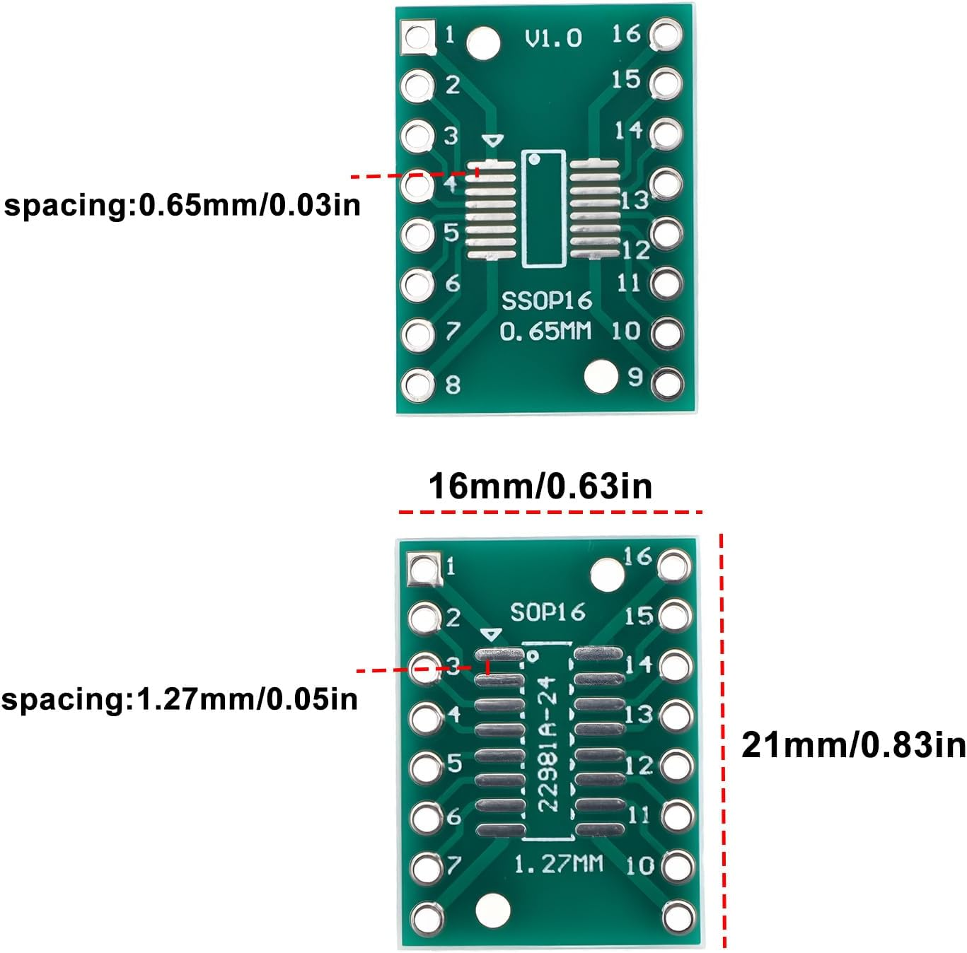 VGOL 10X SOP16 TSSOP16 to DIP-16 PCB Pinboard 21X16Mm for Modding and Upgrading SMD Components to a DIP Footprint image number 1