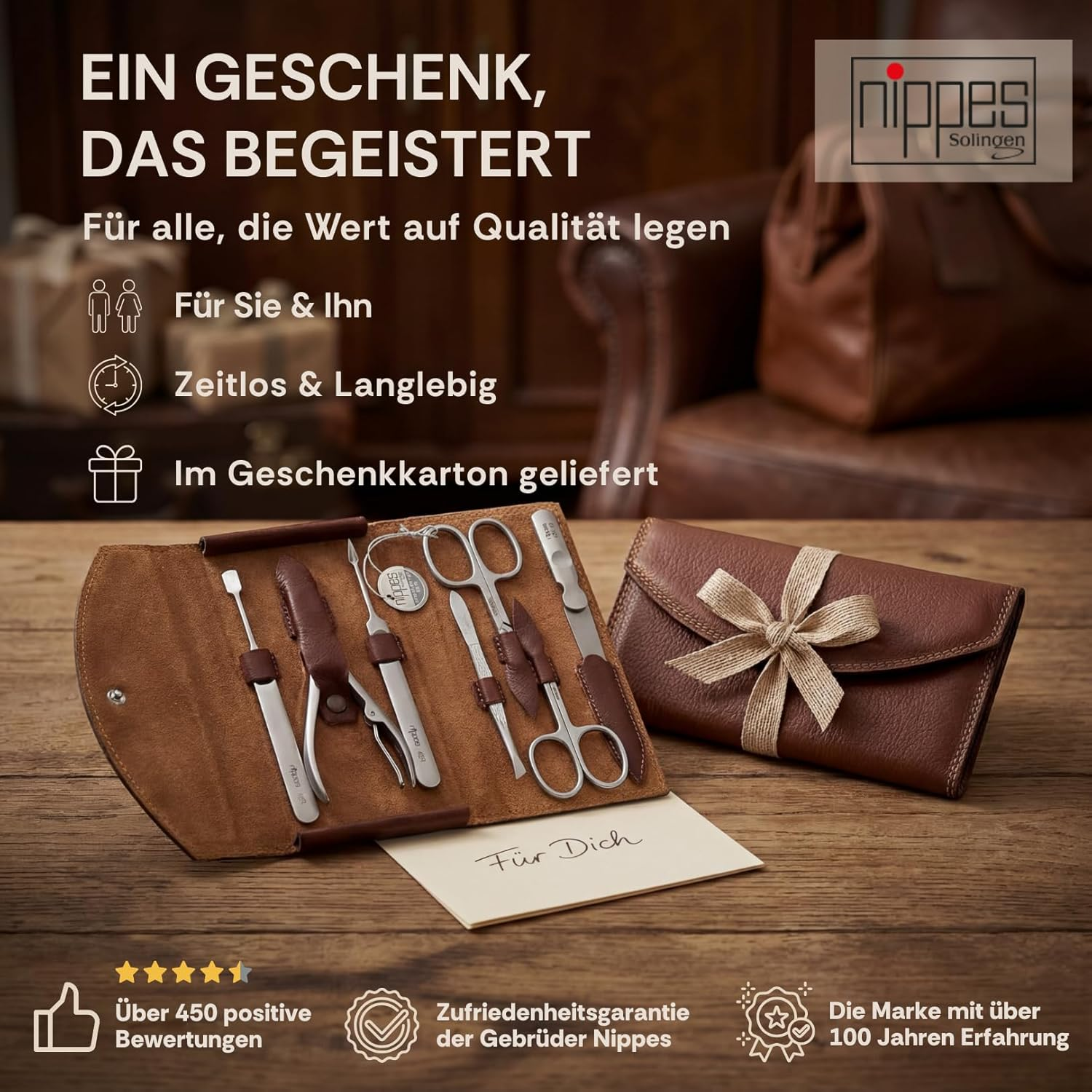 Nippes Solingen Classic Premium Manicure Set, 7 Pieces, Genuine Cowhide Leather Nail Case, Brown, Stainless Steel, Nickel and Rustproof, Nail Set, Nail Care Set, Made in Solingen/Germany image number 2