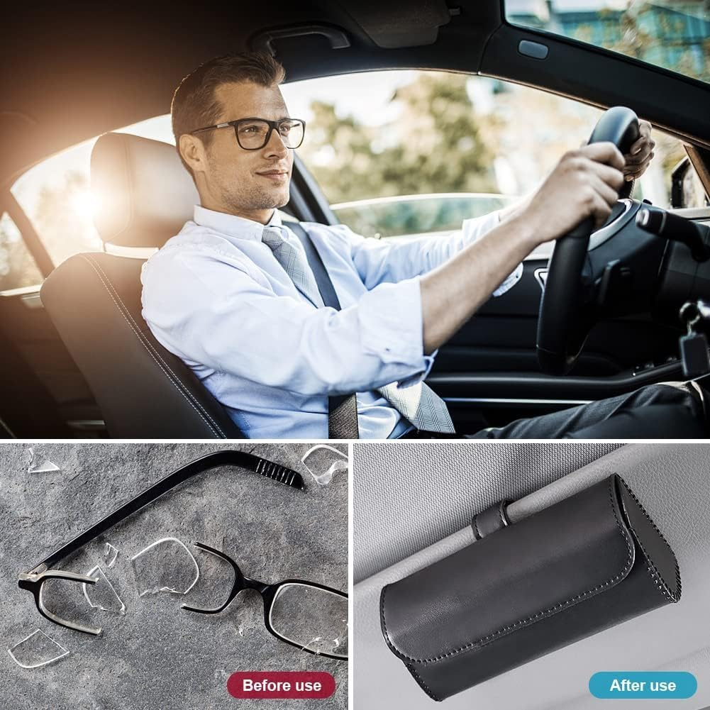 Car Glasses Case Glasses Holders Car Sun Visor Leather Sunglasses Case Holder Clip Sunglasses Holder for Car Sun Visor with Cleaning Cloths for Most Car Models Interior Accessories image number 4