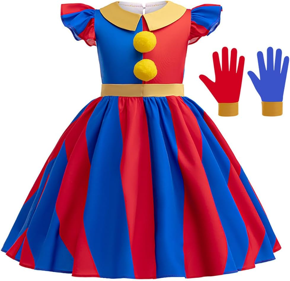 FYMNSI Kids Girls Halloween Costumes Circus Clown Cosplay Dress up Red Blue Striped Dress and Gloves Birthday Party Supplies image number 4