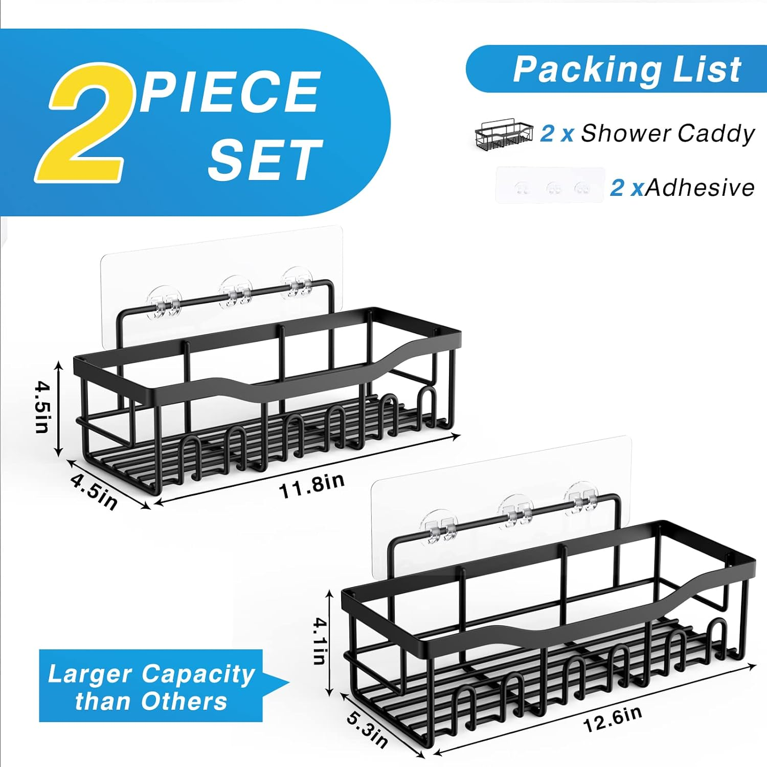 Shower Caddy 2 Pack,Adhesive Shower Organizer for Bathroom Storage&Home Decor&Kitchen Organizers and Storage,No Drilling,Large Capacity,Rustproof Stainless Steel Bathroom Organizer,Bathroom Decor Sets - Black image number 1