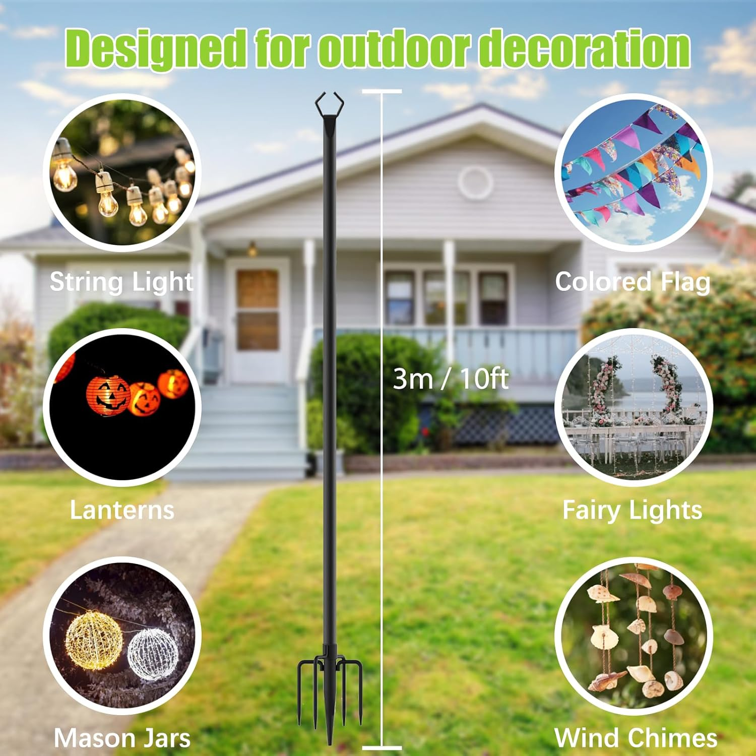 6 Pack 10FT String Light Poles, Metal Light Pole for outside String Lights with Fork, Hanging Light Pole for Patio, Adjustable Outdoor Lighting Poles for Backyard,Garden,Deck,Party,Wedding image number 4