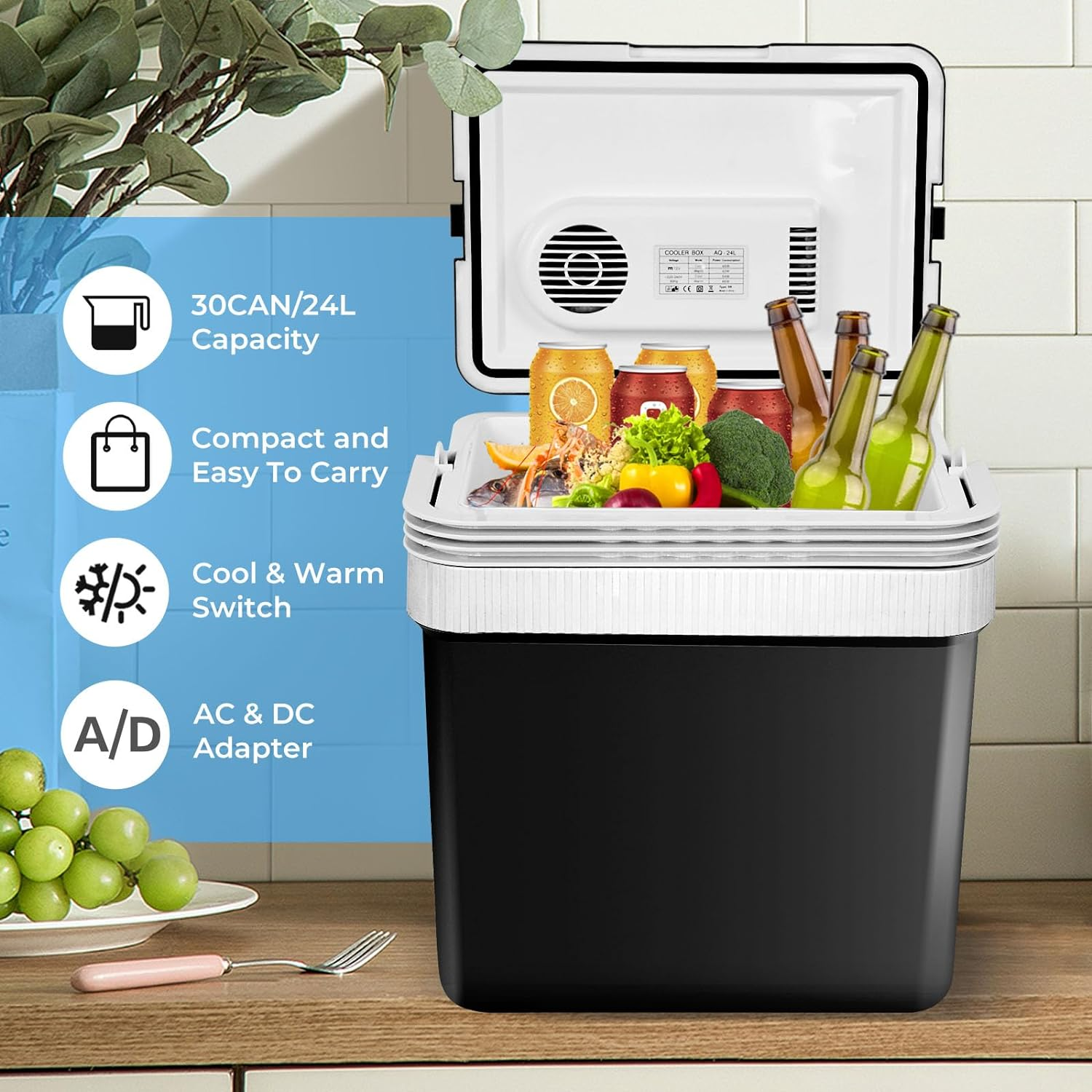Advwin Electric Cooler & Warmer with Handle | 24 L Portable Thermoelectric Fridge for Vehicles & Trucks| 220V AC Home Power Cord & 12V Car Adapter for Camping, Travel & Picnics - Black image number 4