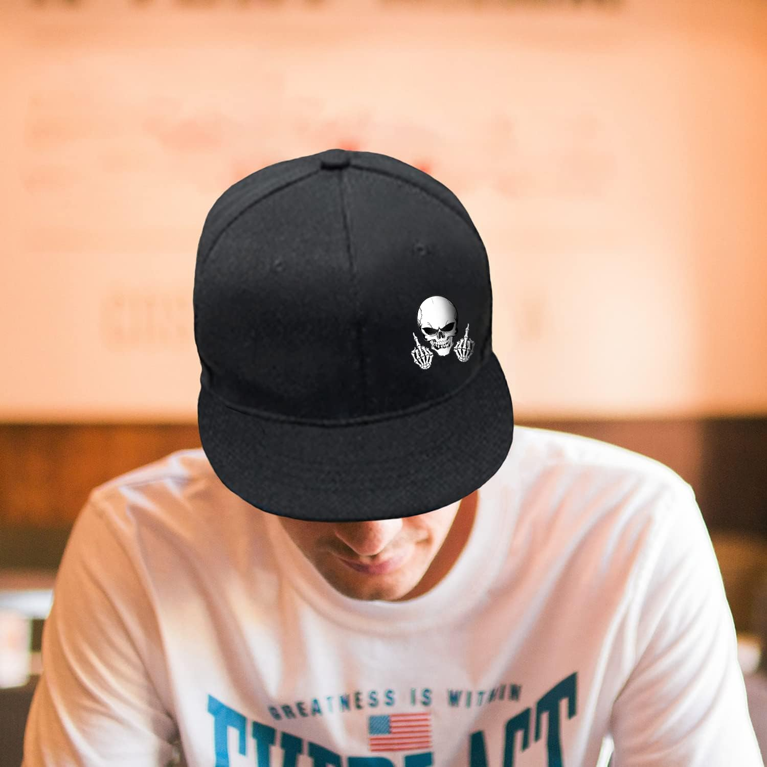 Skull Finger Flat Bill Hats for Men Black Mens Snapback Hat Baseball Cap Fitted Hat Rock N Roll Skeleton Hand Snap Backpack