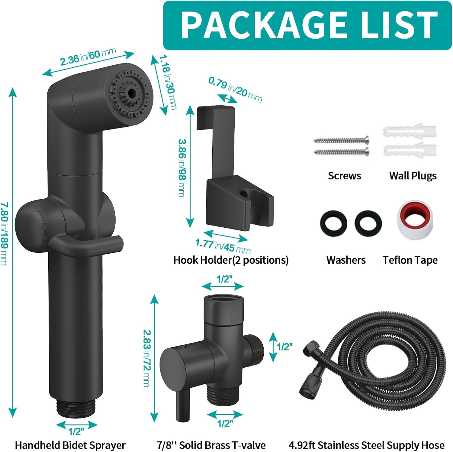 MIAOHUI Handheld Bidet Sprayer for Toilet, Muslim Shower, Cloth Diaper Sprayer, Health Faucet, Bum Gun with Hose and Holder, Wall or Tank Mount (Black) image number 4