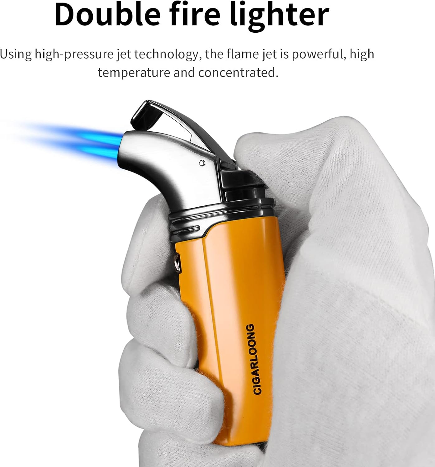 CIGARLOONG Cigar Cutter and Lighter Ashtray Set Sharp Blade Cigar Guillotine and Torch Flames Refillable Windproof Lighter with Cigars Punch&Needle Ceramics Ashtray with Gift Box(Yellow)