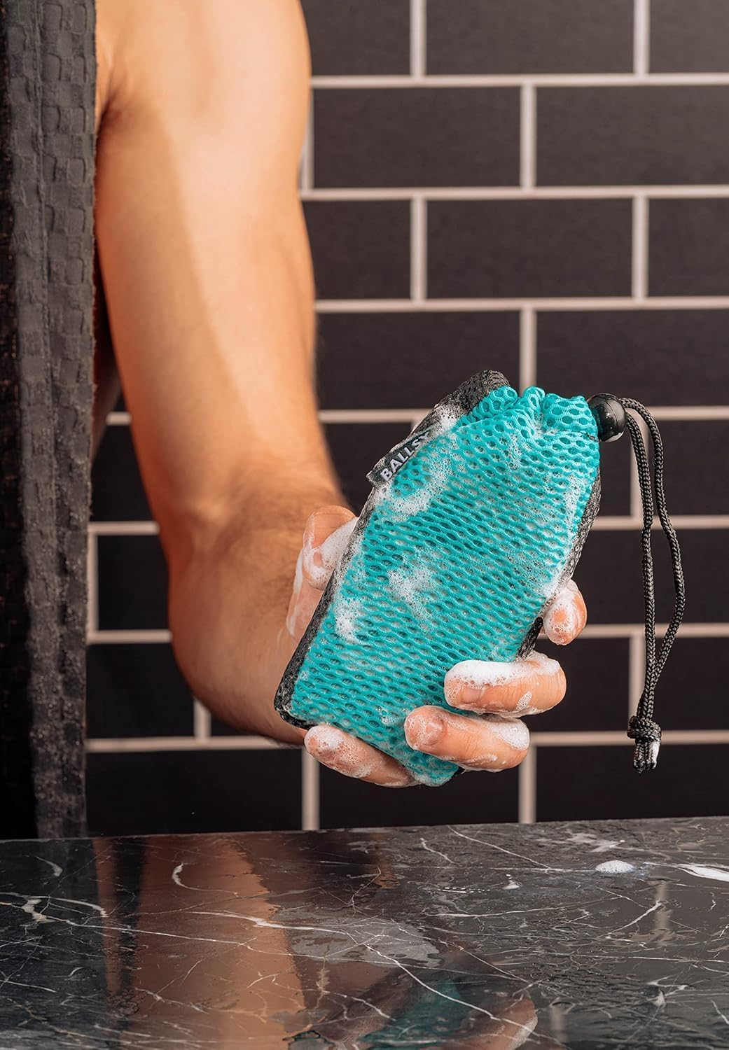 Ballsy Handy Shower Tool - Sud Sack Soap Pouch, Exfoliating Sponge for Baths and Showers - Compatible with Related Bars, Blue image number 4