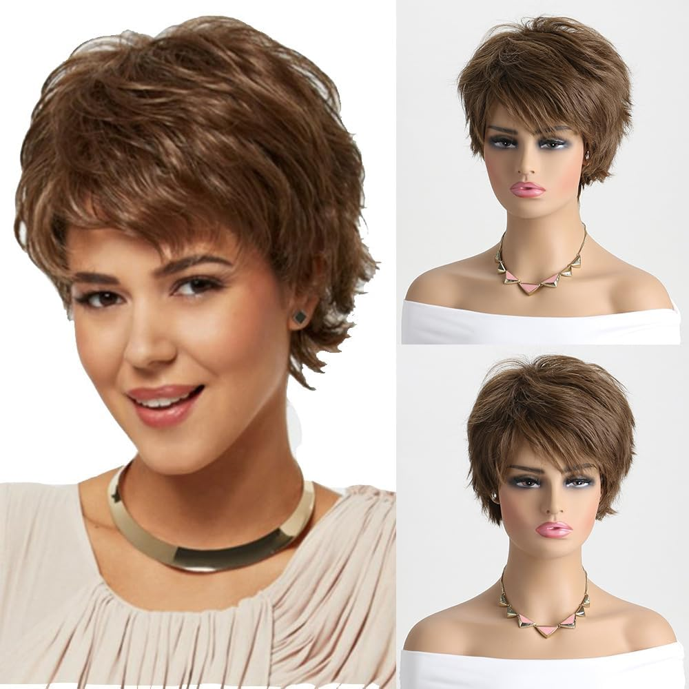 AUBWIG Short Brown Wig Pixie Cut Curly Wavy Women'S Wig Soft Shaggy Tiered Full Synthetic (Brown #2)