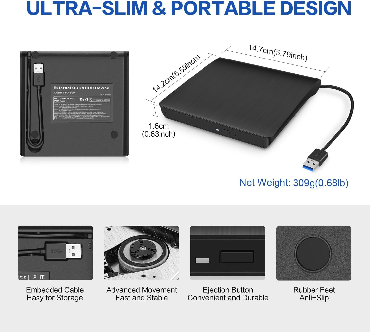 Hcsunfly External CD/DVD Drive for Laptop, USB 3.0 Ultra-Slim Portable Burner Writer Compatible with Mac Macbook Pro/Air Imac Desktop Windows 7/8/10/Xp/Vista (White) (Black) image number 6