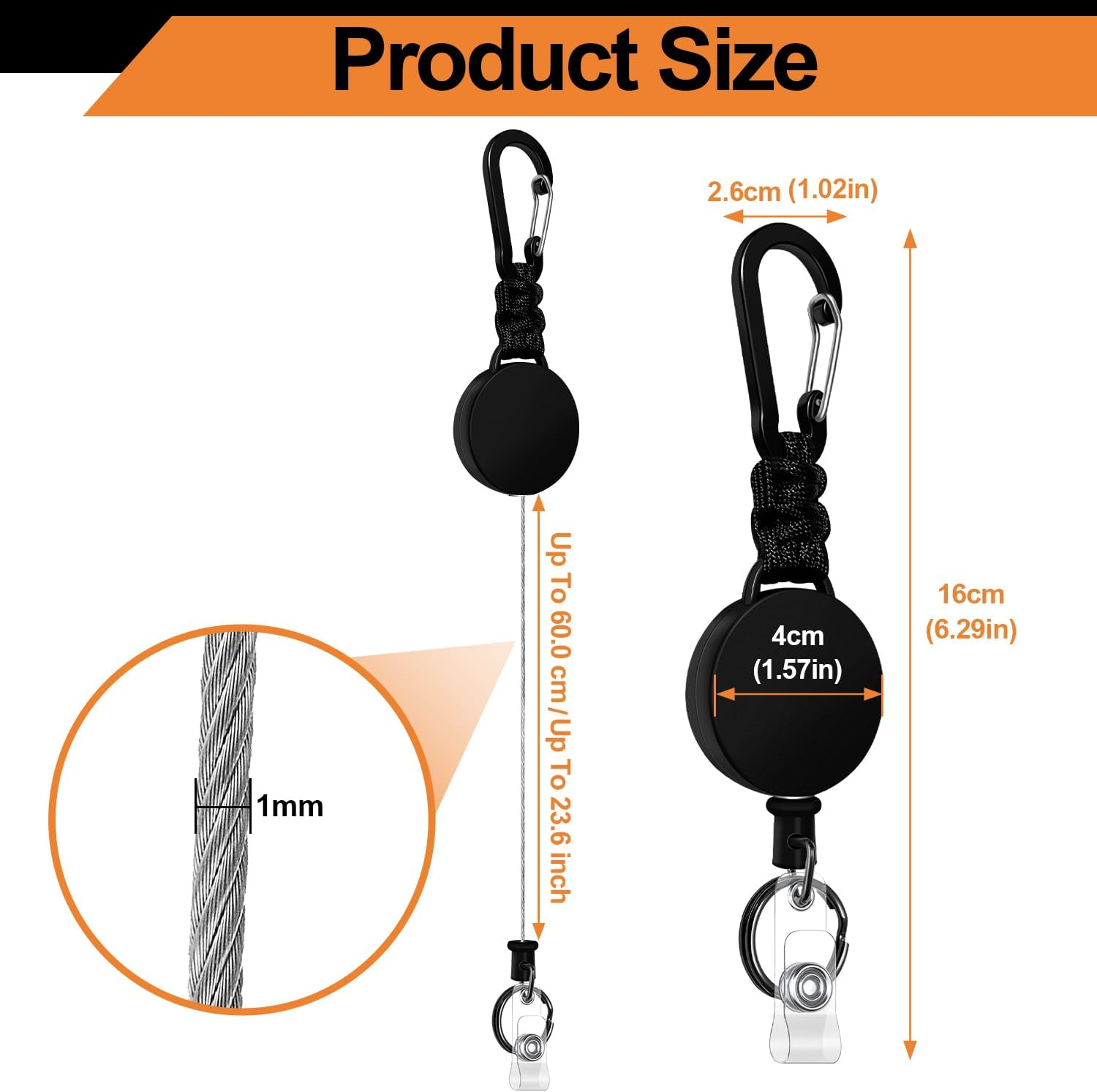 Retractable Keychain 4 Pcs Heavy Duty Carabiner Badge Holder Retractable Badge Reel ID Holder Extendable Key Ring Key Holder for Abs Casing with 24 Inches Steel Retractable Cord and Paracord image number 3