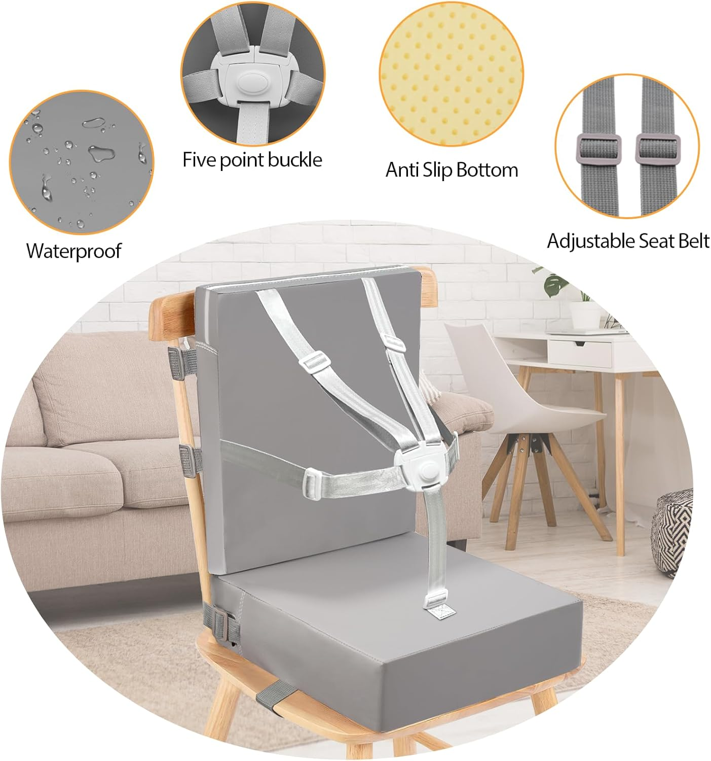 Toddler Booster Seat for Dining Table, 5 Point Buckle Child Booster Seat for Table with Backrest, PU Waterproof Easy Cleaning Dining Booster Seat Adjustable Seat Belts & Non-Slip Bottom (Grey) image number 3