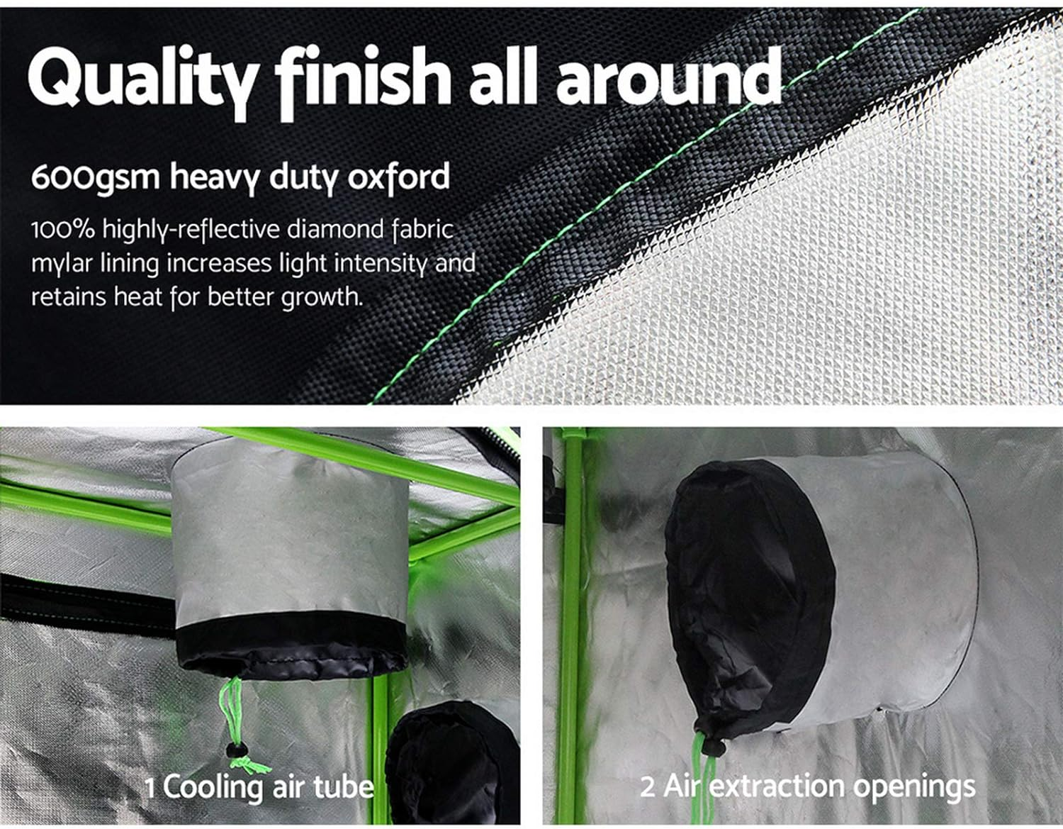 Green Fingers Grow Tent 90 X 50 X 160Cm Hydroponics Growing System Indoor Greenhouse Hydroponic Indoor Plant Kits,600D Oxford Cloth Black Exterior and Steel Frame Highly Reflective Inside image number 4