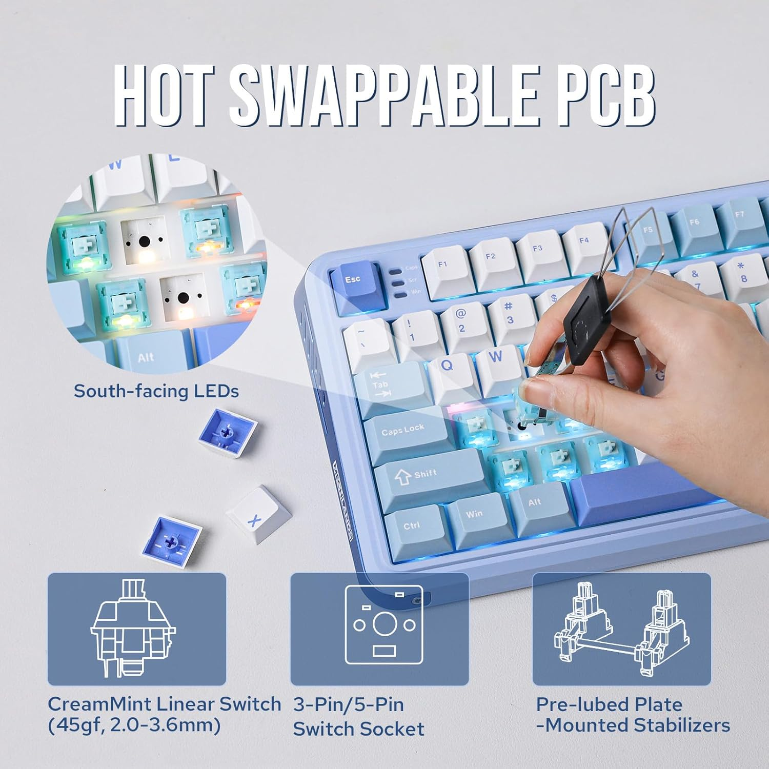 Mechlands Vibe75 75% Wireless Gaming Keyboard with Interchangeable Screen&Knob Modules, Hot Swappable Creamy Mechanical Keyboard with Gasket Structure, Bt5.0/2.4Ghz/Usb-C, 5-Layer Padding, RGB (Blue) image number 2