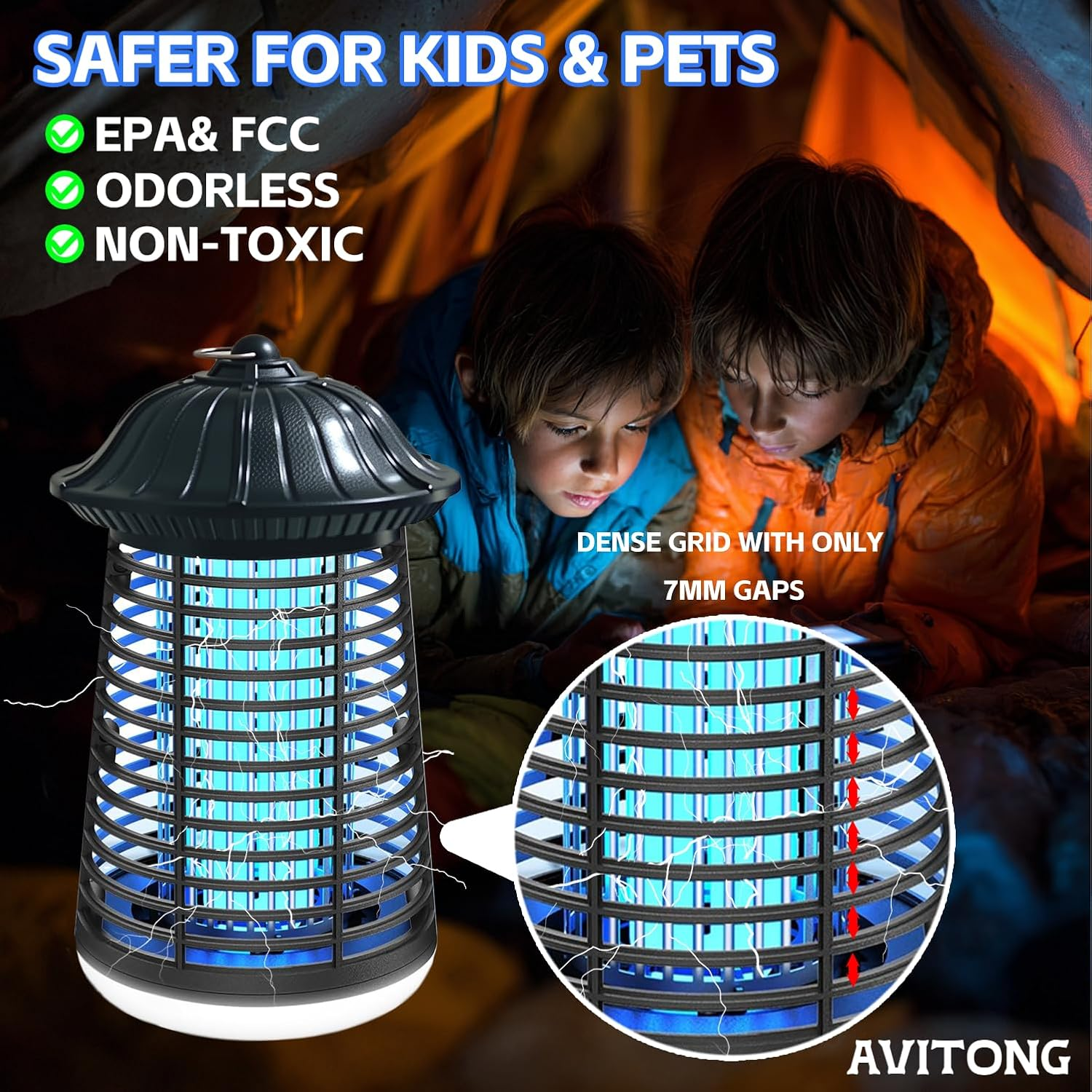 Electric Bug Zapper with LED Light, 15W Mosquito Insect Killer Lamp, Indoor Outdoor Fly Trap with 1.2M Cord, Safe Grid Design