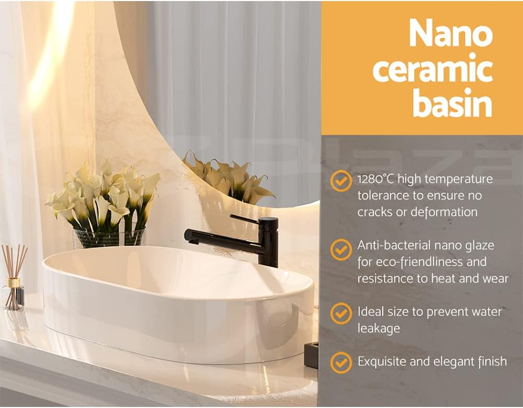 Cefito Bathroom Basin Vanity Sink, Ceramic Hand Wash Basins Vessel Sinks above Counter Top Tools Basin Home Improvement, Oval High Gloss Finish Scratch-Resistant White image number 4