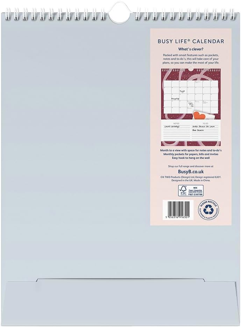 Busy B 2026 Busy Life Wall Calendar - Jan to Dec - Blue Graphic 2026 Calendar - with Month to View, 12 Monthly Storage Pockets, Space for Notes, to Do'S & Hanging Hook