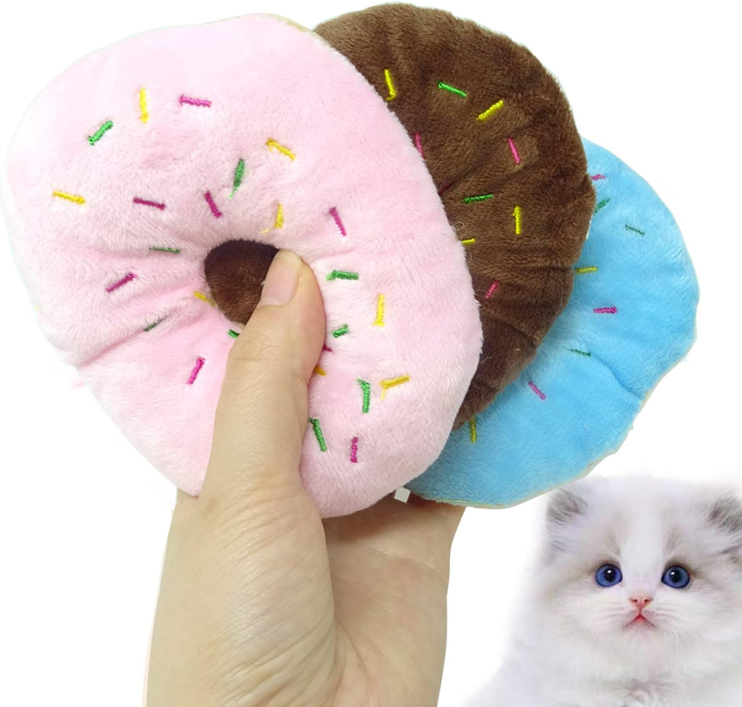 HONBAY 3PCS Donut Shape Plush Cat Catnip Toys Kitten Interactive Pillows Cat Gifts for Cat Lovers image number 6