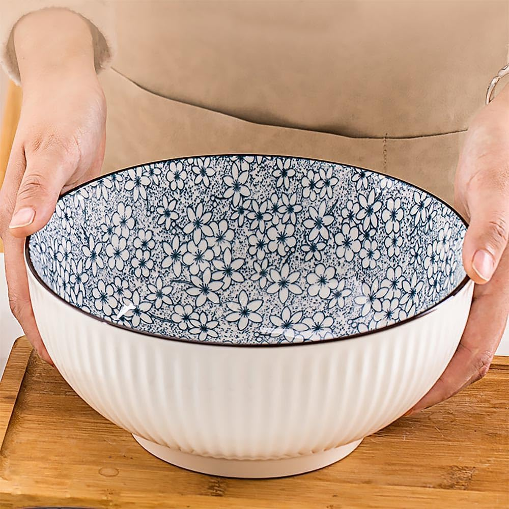 8 Inch Japanese Ramen Bowls Set of 3, 60 Oz Large Soup Bowl, Pho Bowls, Blue and White Porcelain Big Bowls for Eating, 3 Mixing Patterns image number 4